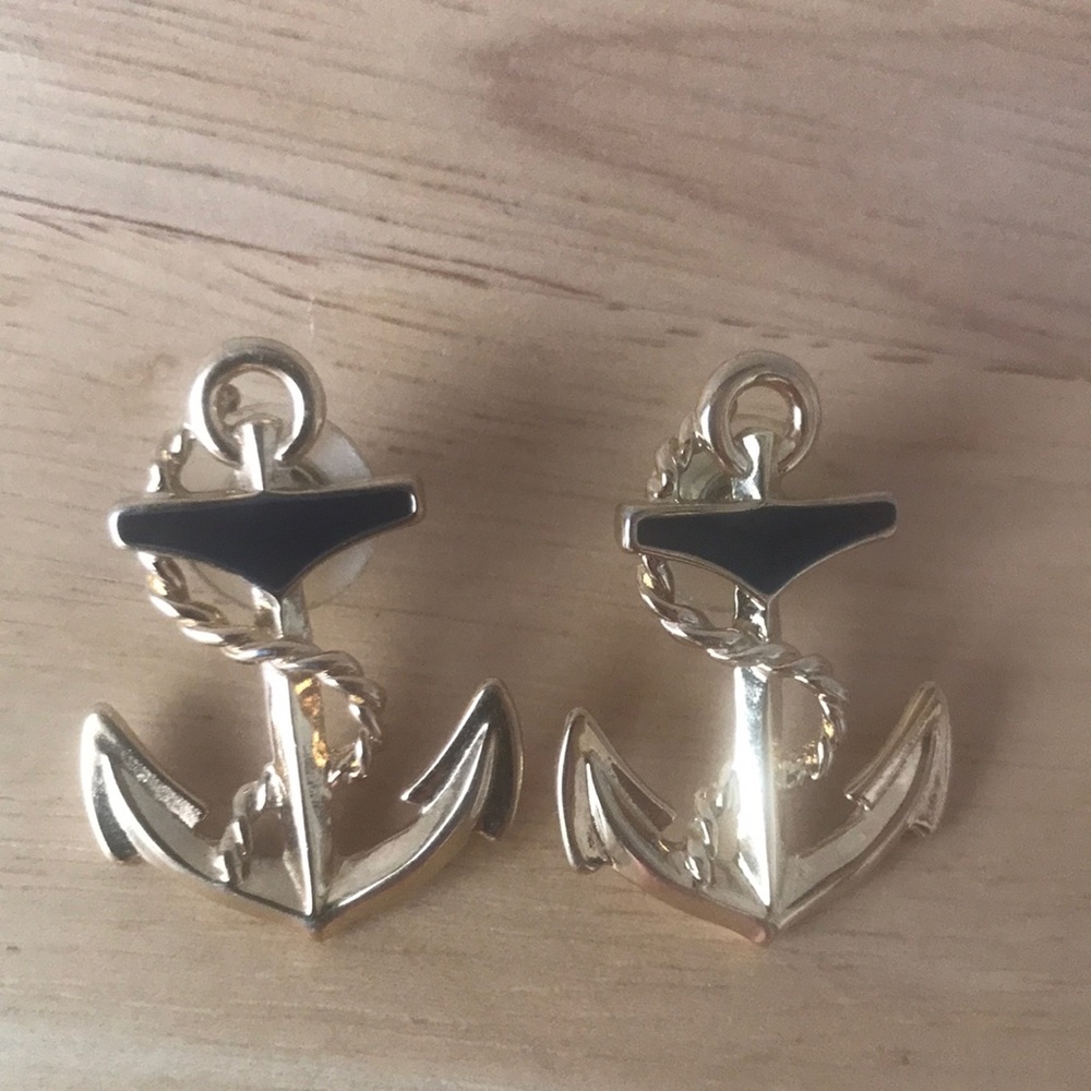 Nautical Gold tone and black enamel anchor earrings
